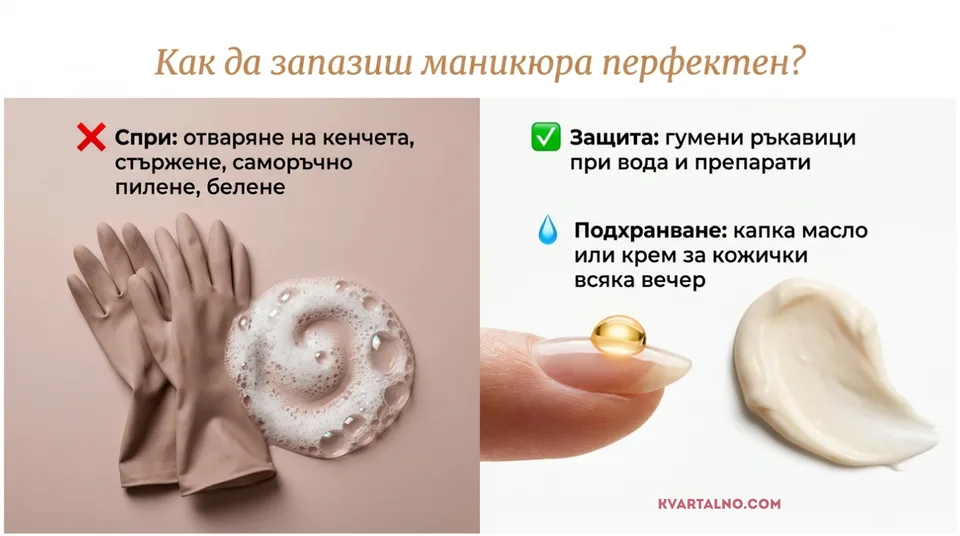 Инфографика за домашна грижа за по-дълга трайност на гел лак с ръкавици и масло за кожички