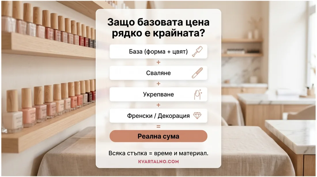 Инфографика за факторите, които превръщат базовата цена за маникюр в крайна сума
