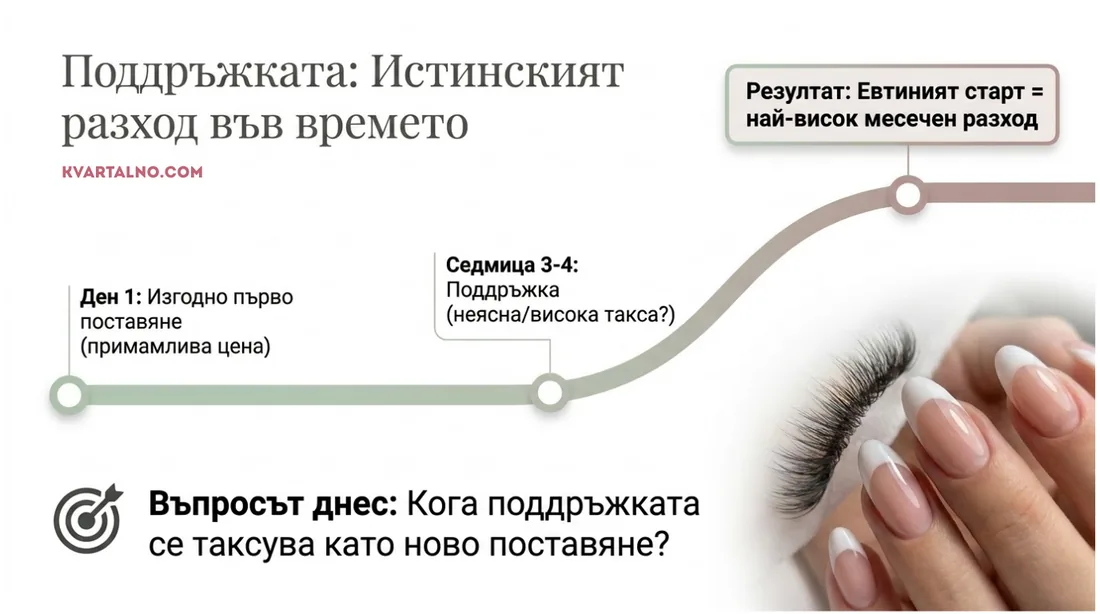Инфографика за поддръжка на ноктопластика и реалния разход във времето