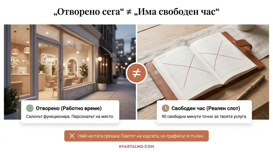 Инфографика за разликата между отворено сега и свободен час за маникюр наблизо