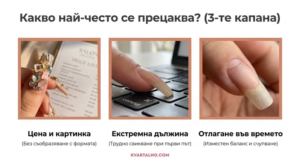 Инфографика за най-честите грешки при избор на ноктопластика - цена, екстремна дължина и отлагане