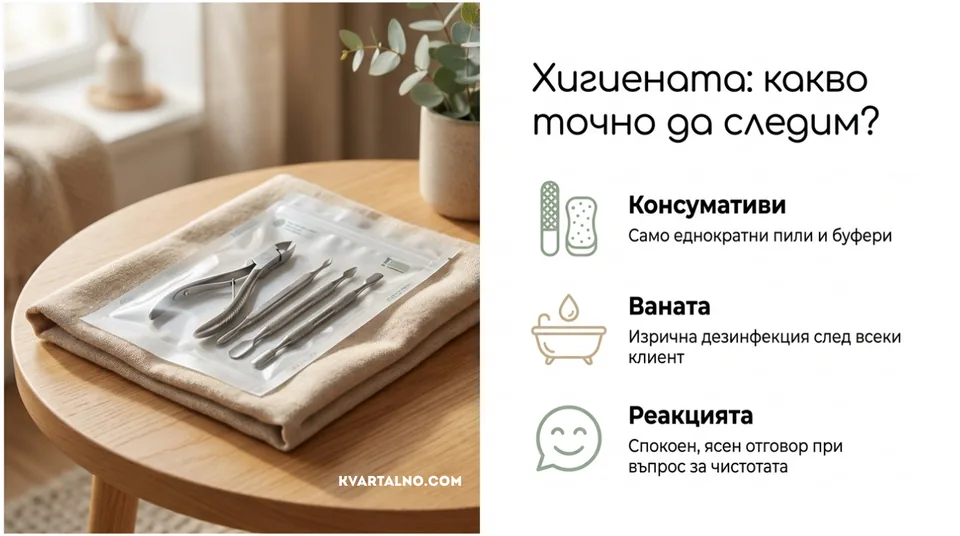 Инфографика за хигиена при педикюр: инструменти, консумативи и вана между клиенти