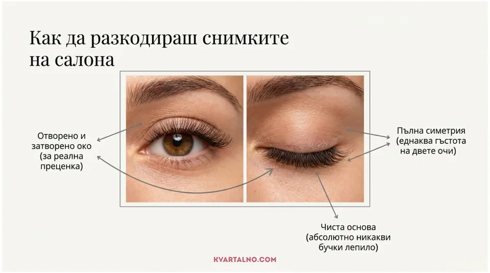 Инфографика как да разчитате снимки на поставени мигли в профил на салон