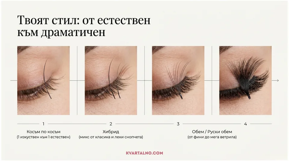 Инфографика за избор между мигли косъм по косъм, хибрид и обем