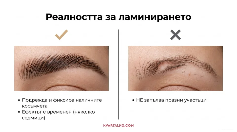 Инфографика за реалистичния ефект от ламиниране на вежди